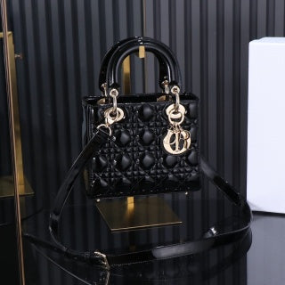 Original leather Lady Dior four-grid black patent leather