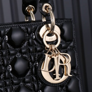 Original leather Lady Dior four-grid black patent leather