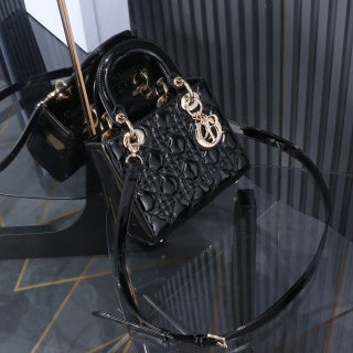 Original leather Lady Dior four-grid black patent leather